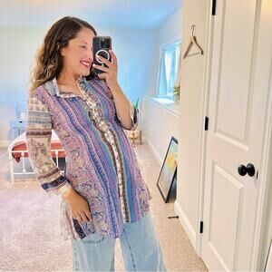 Aratta Silent Journey Blue Floral Cotton Long Sleeve Corset Back Tunic Blouse S